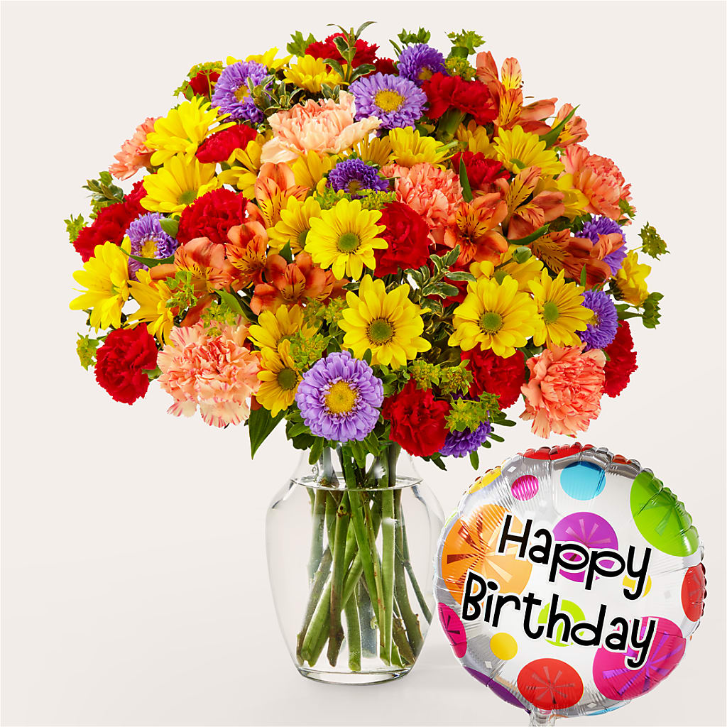 Kaleidoscope Bouquet with Birthday Balloon – Floral Delights Etc, Daleville AL