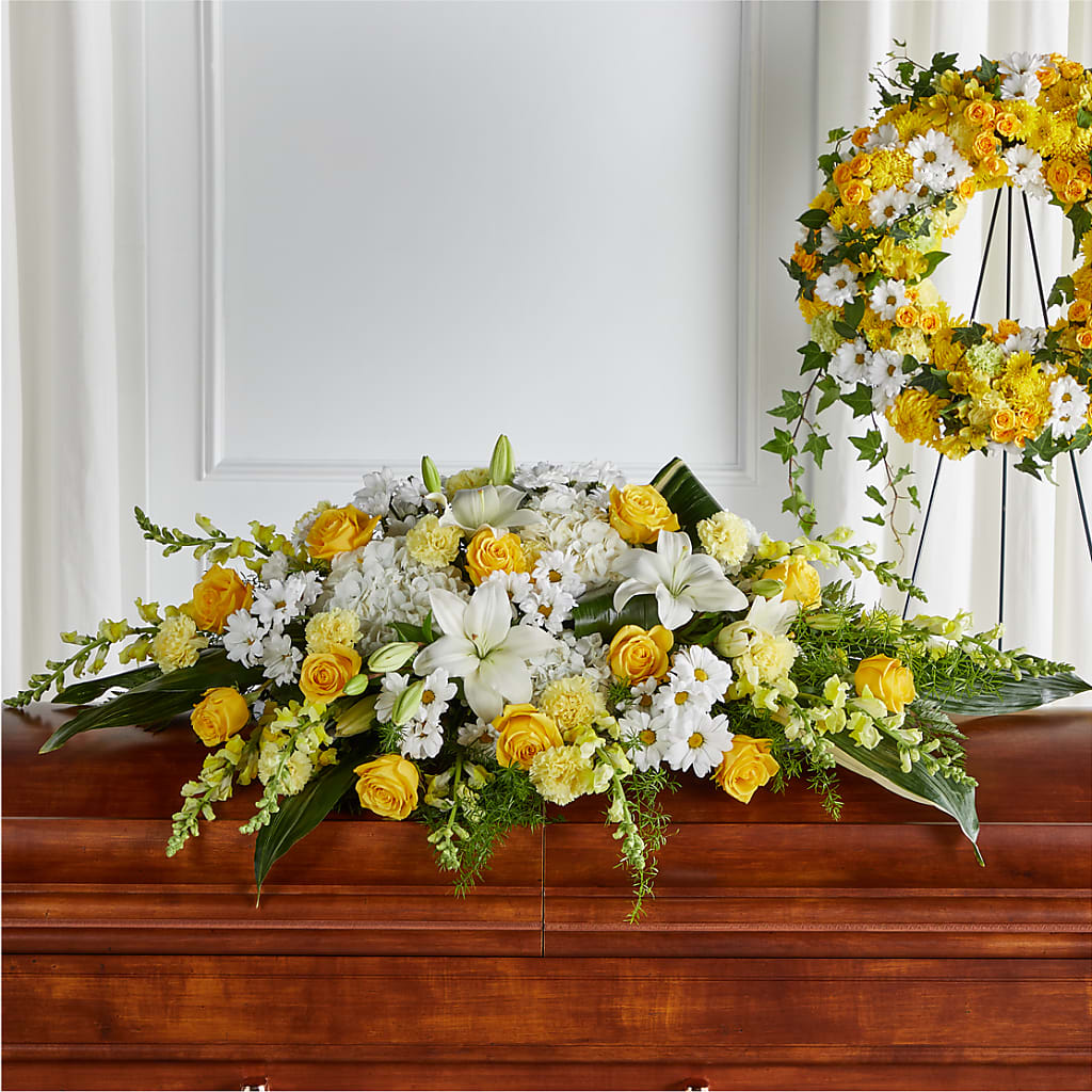 Golden Harmony Casket Spray – Floral Delights Etc, Daleville AL