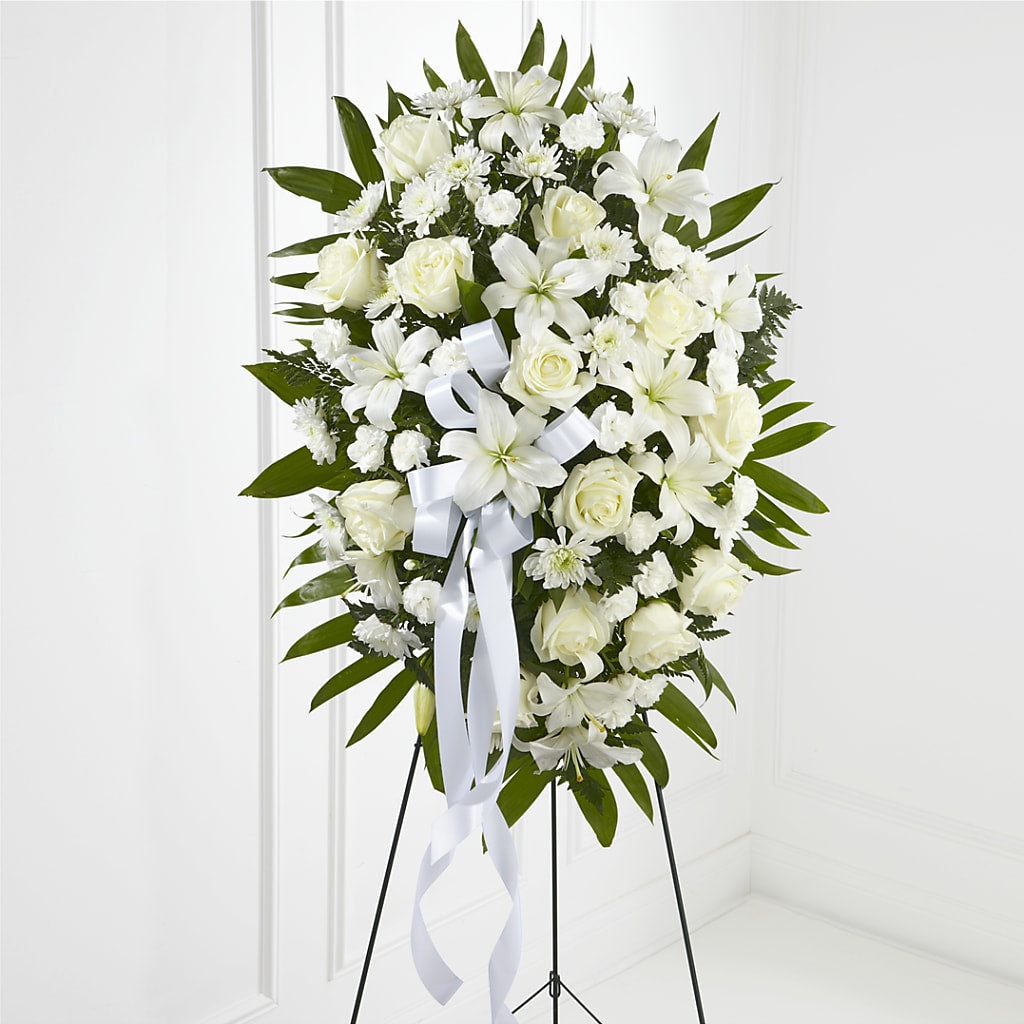 Exquisite Tribute Standing Spray-White Ribbon – Floral Delights Etc, Daleville AL